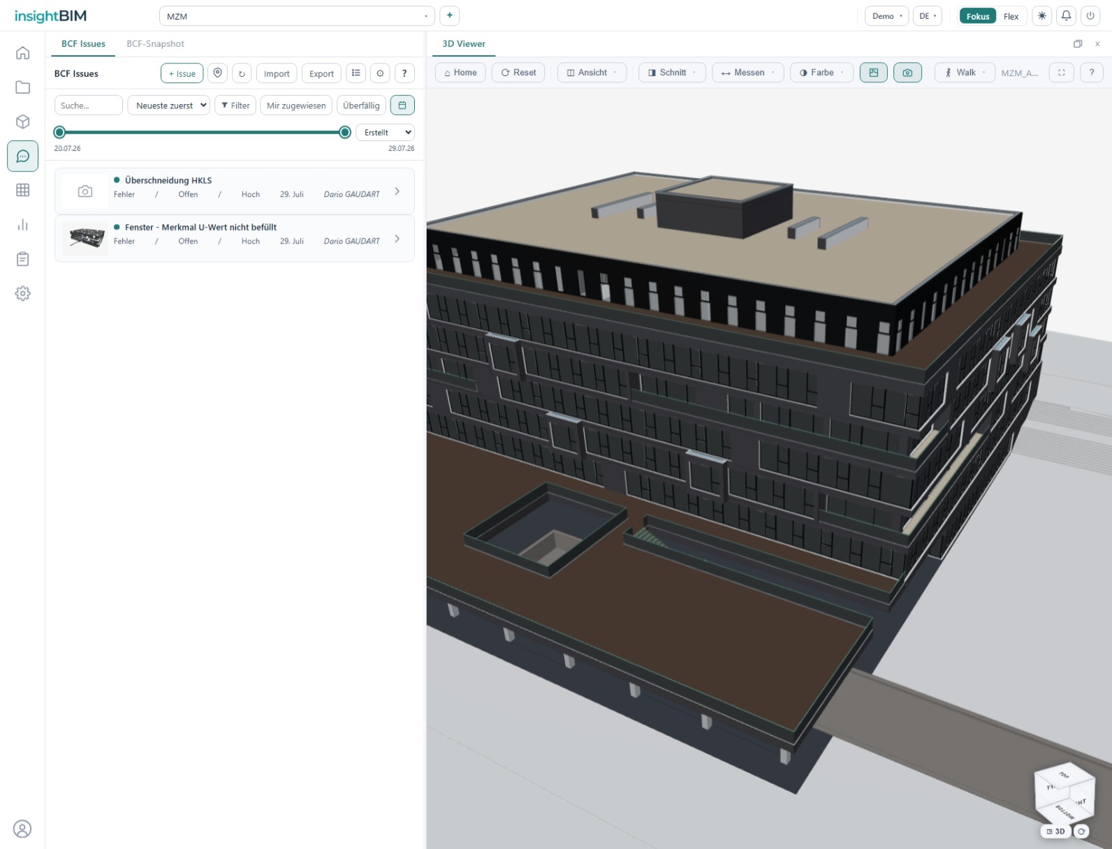 BCF-Issues in insightBIM: Issue-Liste mit Status, Priorität und Zuweisung neben dem 3D-Viewer