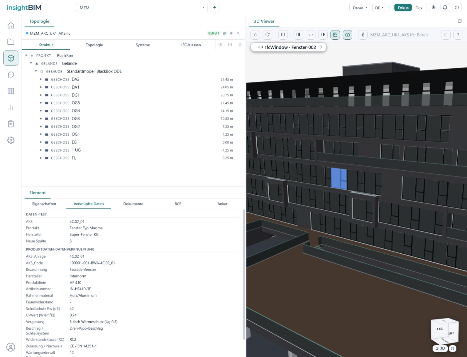 Verknüpfte Daten in insightBIM: Produktdaten eines Fassadenfensters — Hersteller, U-Wert, Verglasung, Widerstandsklasse — neben dem im 3D-Viewer markierten IfcWindow