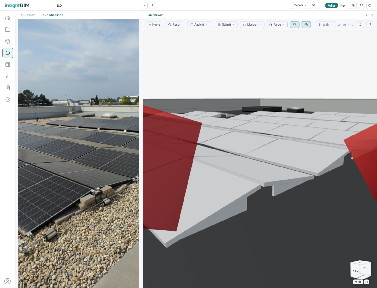 FotoDoku in insightBIM: Baustellenfoto als BCF-Snapshot neben dem 3D-Viewer mit markierten Bauteilen